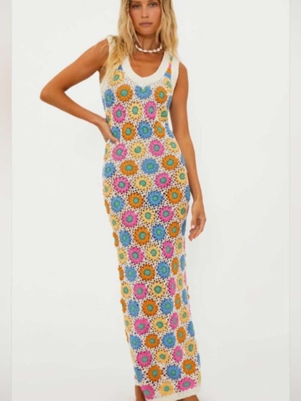 *NWT* Beach Riot Cream Crochet Maxi Dress with Blue, Pink & Orange Floral Motifs